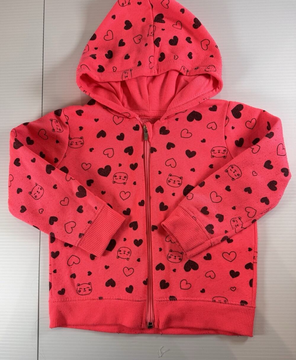 Póim Girls Zip Up Hoodie Jacket 98 cm 2T 3T Pink Black Heart Cat Sweatshirt